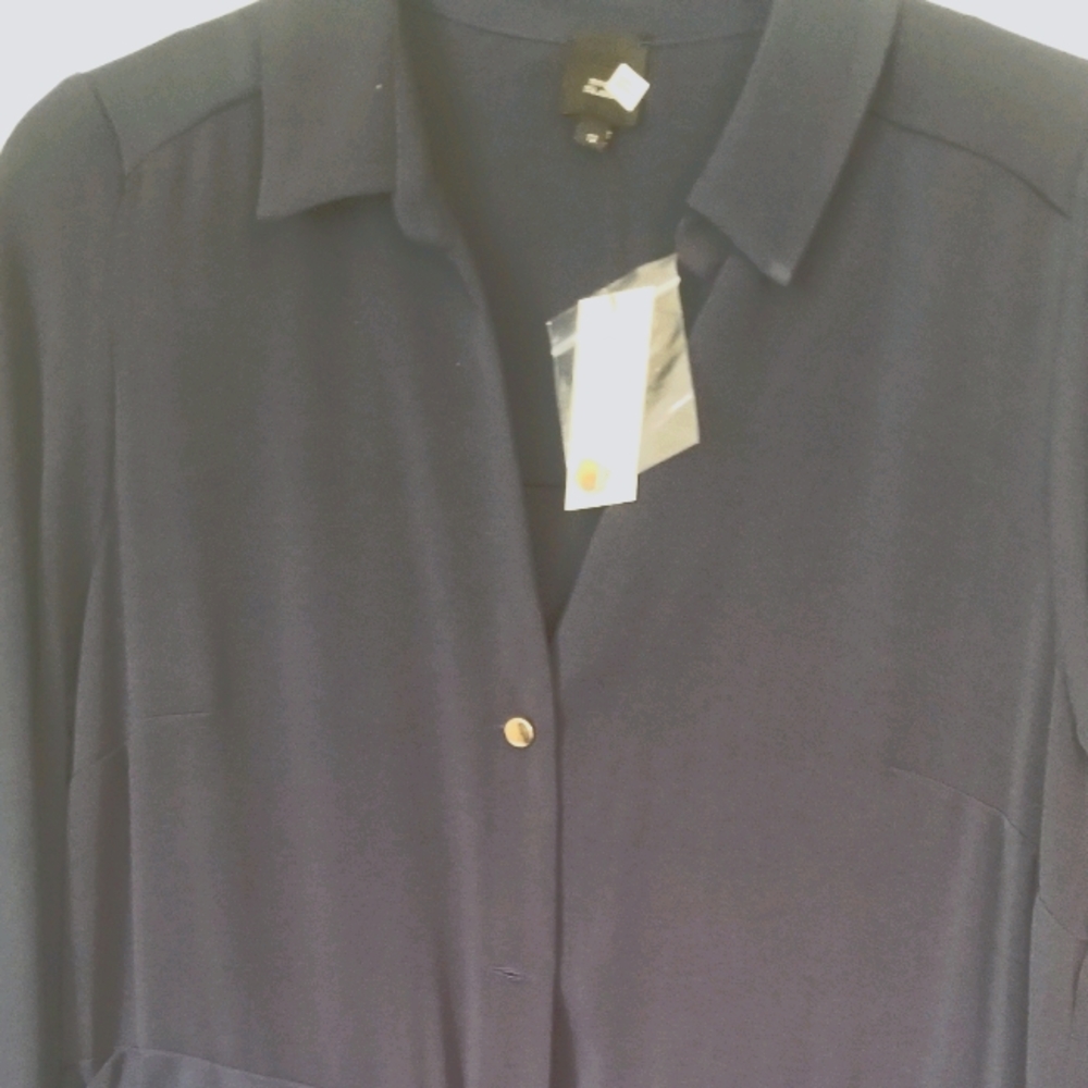 Navy work dress w/ accent gold buttons, 3/4 sleeve